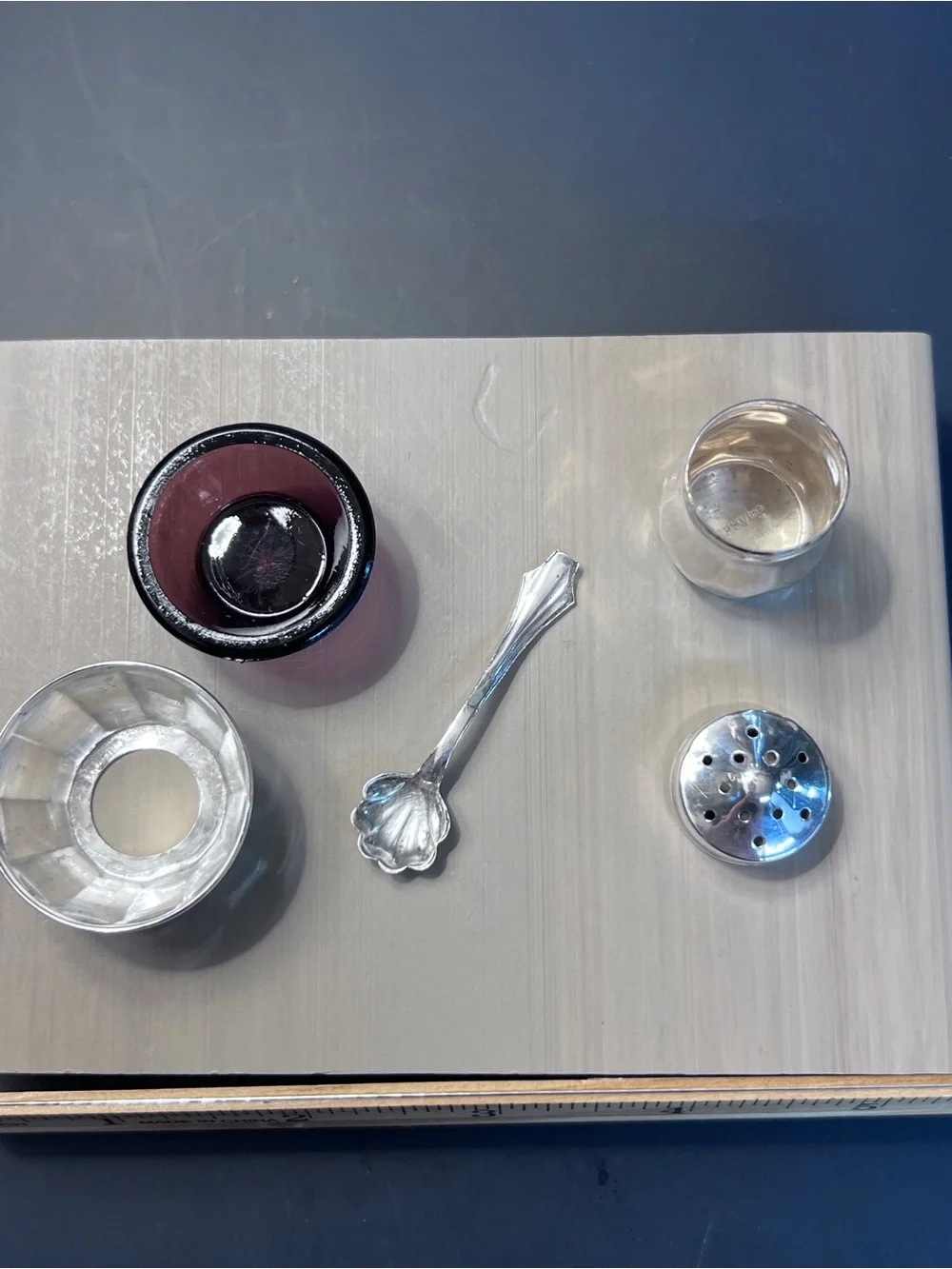 Vintage Sterling Silver Salt Cellar with Amethyst Glass , Shell Spoon & Shaker